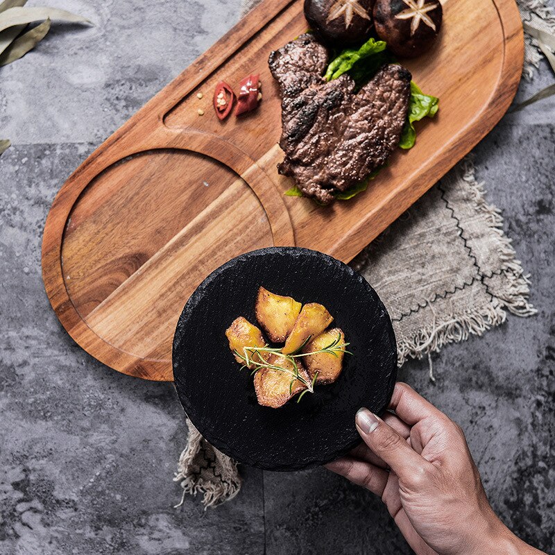 Black Western Food Tray Square Japanese Style Wooden Pallet Steak Sushi Western Food Tray Solid Wood Tray Pizza Hotel Tray