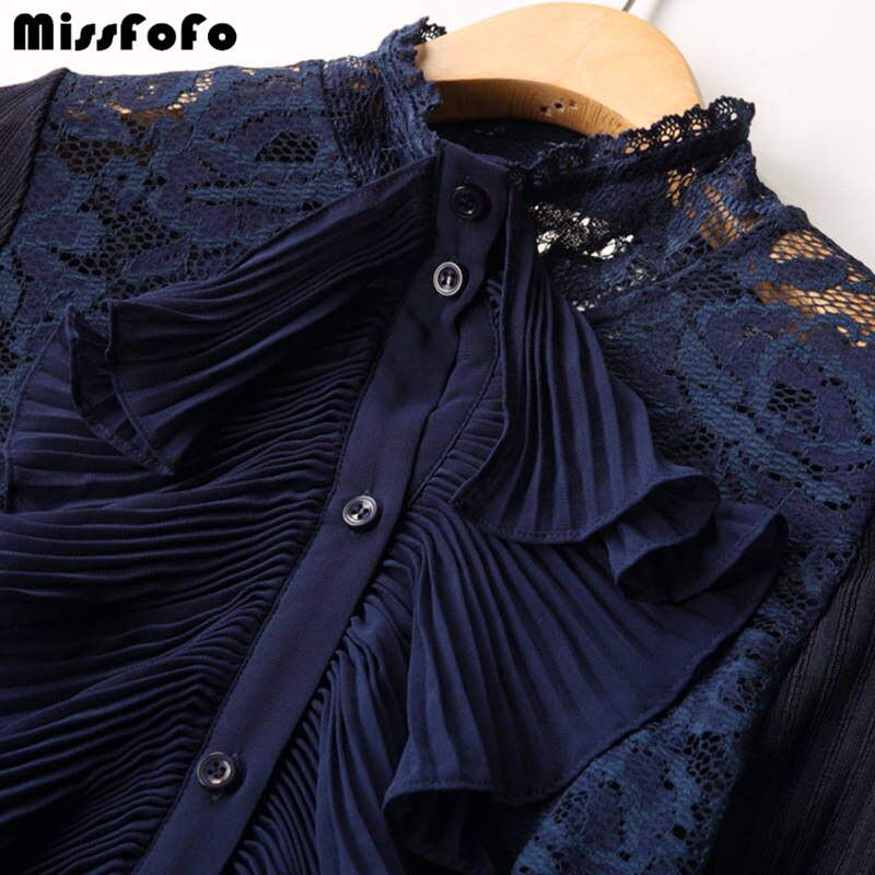 MissFoFo Autumn Blouse Royal Lotus Lace Collar Chiffon Shirt Female Long Sleeve Spring Shirt Blue Size S-2XL