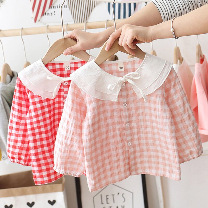 Baby Meisjes Shirt Little Peuter Lente Katoen Blouse Lnfant Roze Raster Bowtie Zachte Casual Leuke Comfortabele Strik Ronde Kraag