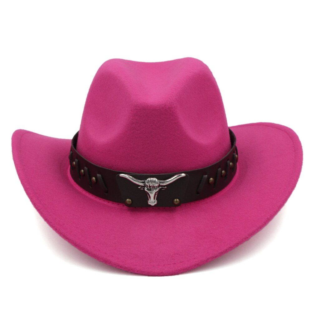 Mistdawn Womem Men Wool Blend Western Cowboy Hat Wide Brim Cowgirl Jazz Sombrero Cap Tauren Leather Band: Rose Red