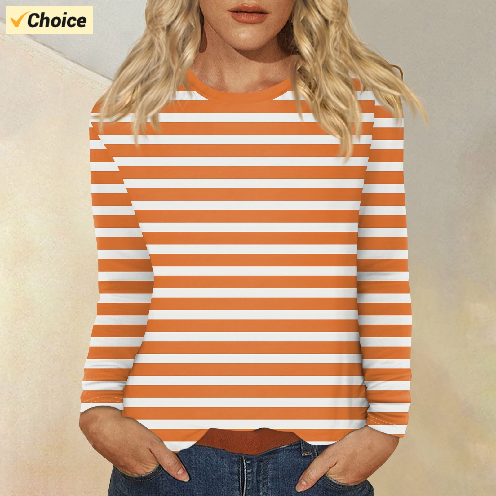 T-Shirt à Manches sulfet Col Ras du Cou pour Femme, Vêtement Décontracté, Rayé, Imprimé, Tendance, à la , de , 03: L / Orange