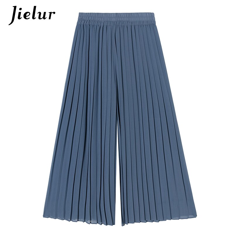 Jielur sommer plisserede chiffon bukser med brede ben kvinder casual sorte midi bukser nederdele kvindelige højtaljede lige kvinder #39 ;s bukser