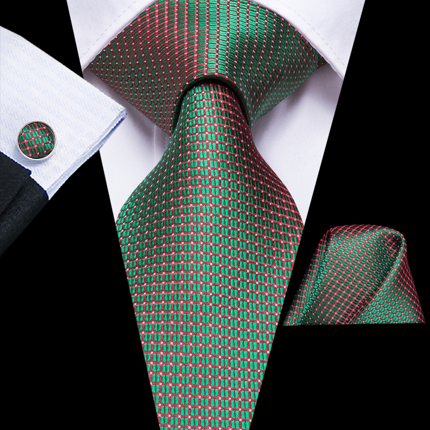 Hi-Tie Christmas 100% Silk Ties For Men Hanky Cufflinks Set 20 Styles Men's Tie Floral Green Plaid Gravatas Party Large Necktie: C-3268