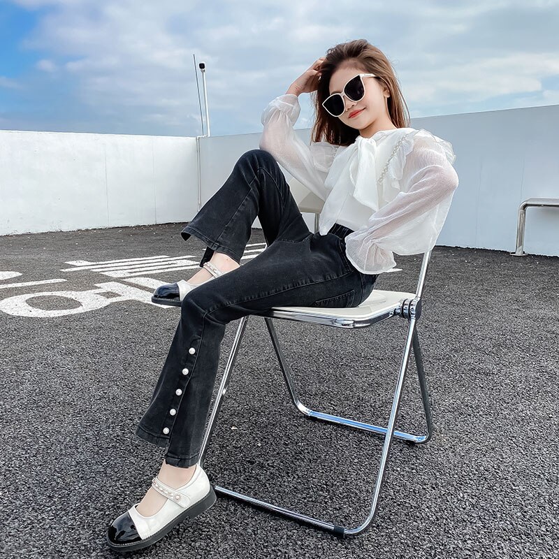 Teenage Children Girls Jeans 2022 Black Flare Pants Clothes Elastic Waist Denim Trousers Kids Skinny Jeans for Girl 4-13