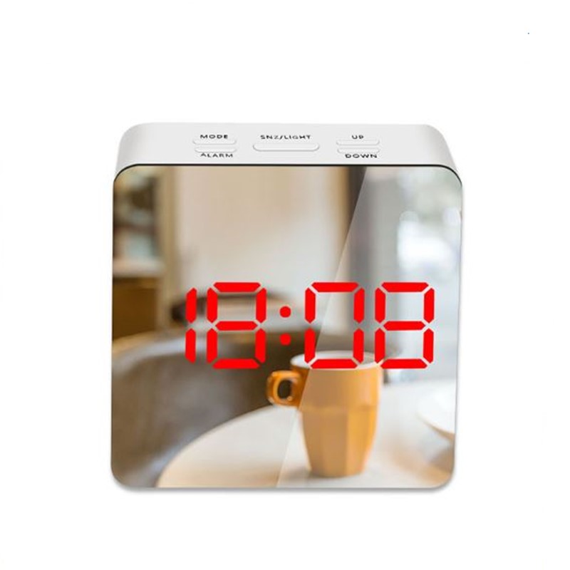 Spejl vækkeur digital snooze bordur vågne lys elektronisk tid temperatur display led makeup vækkeur: Firkantet rød