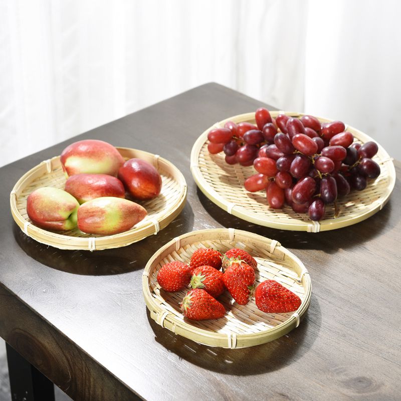Handgemaakte Bamboe Zeef Rieten Weven Mand Ronde Fruit Brood Mand Platen Snack Voedsel Picknick Groente Gerechten Rotan Mand