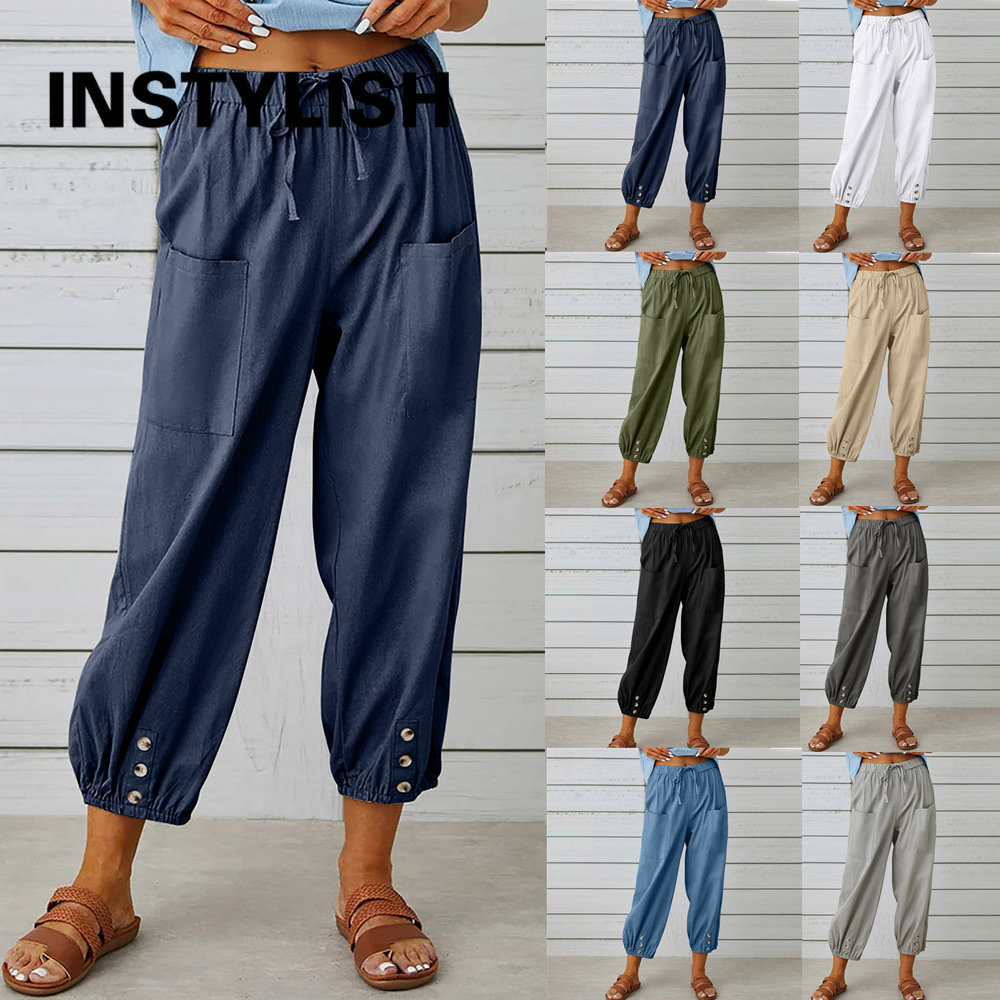 Vrouwen Katoen Linnen Broek 2023 Herfst Effen Kleur Elastische Taille Losse Rechte Broek Vrouwelijke Harajuku Hoge Taille Wijde Pijpen Broek