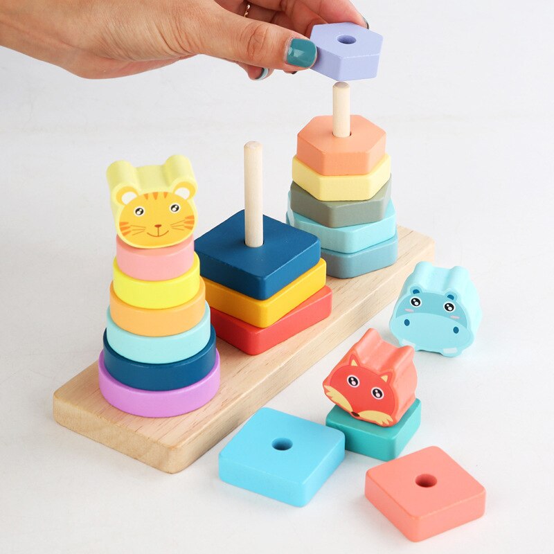 Jouets en bois pour bébé, ensemble assorti d&#39;animaux, planche de tri géométrique, jouet éducatif pour enfants, Puzzle empilé, tour de pilier pour enfant,