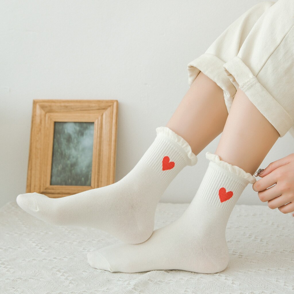 Ladies Casual Women Socks Striped Love Heart Cotton Solid Color Cute Dot Casual Breathable White Women Lady Socks 1 Pair