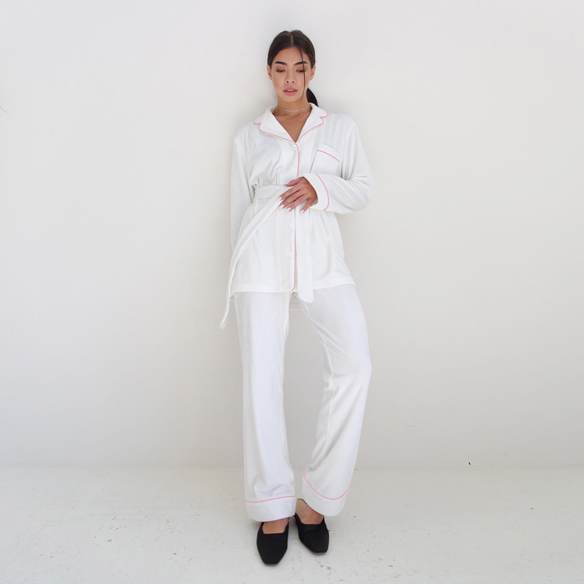 Hiloc – pyjama en velours tricoté pour femmes, ensemble avec pantalon, poches, manches longues, costume, simple boutonnage, vêtements de maison