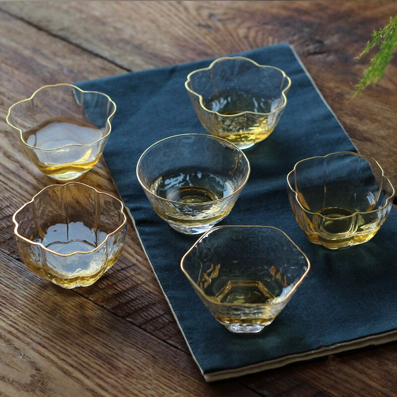 Japanese Style Hexagonal Personal Cup Hammered Glass Gold Tea Cup Wine Glasses Small Single Cup Teacup with gold edge