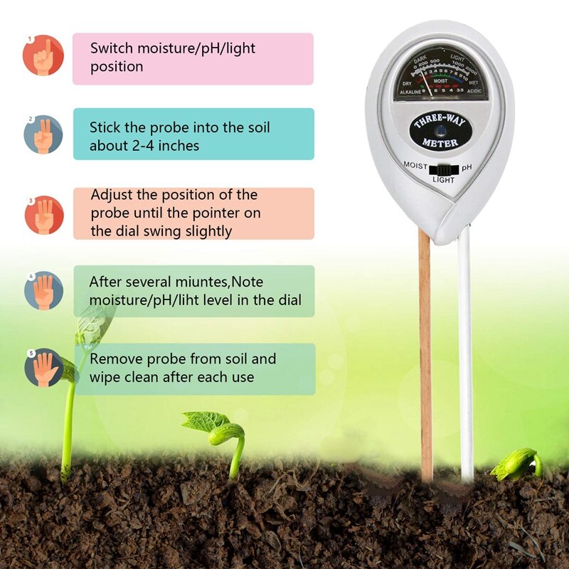 Bodemvochtmeter-3 In 1 Bodem Test Kit Tuingereedschap Voor Ph, Licht & Vocht, plant Tester Voor Thuis, Boerderij, Gazon, Indoor &