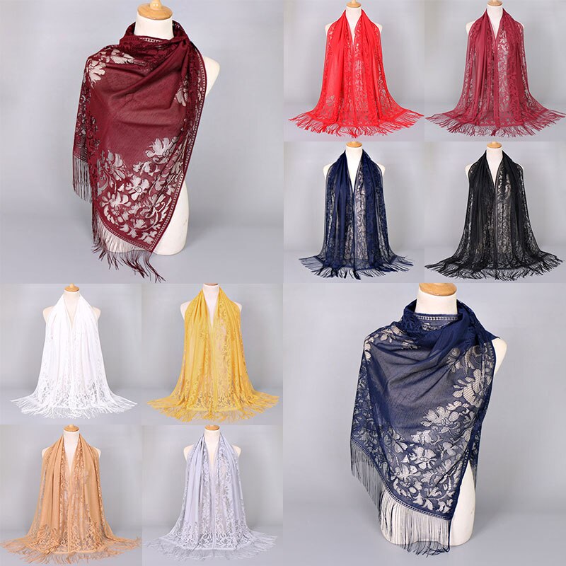 Hollow Out Flower Lace Hijab Sjaal Vrouwen Effen Kleur Vlakte Moslim Hoofd Haar Sjaals Wraps Winter Wit Zwart Rood