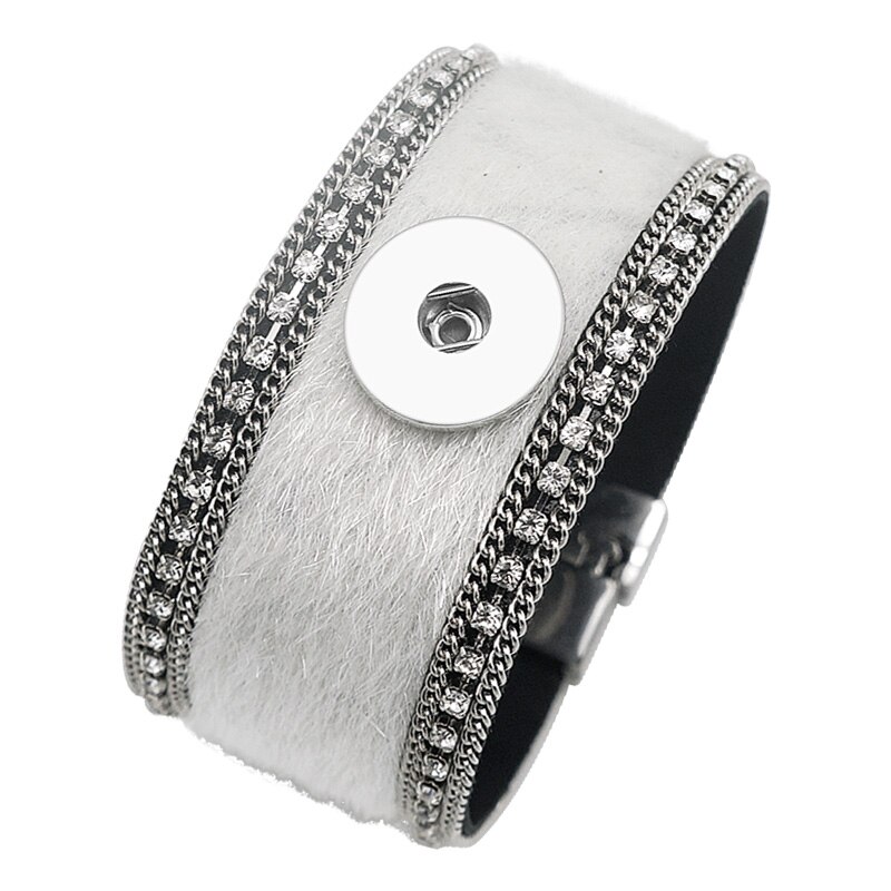 Se0205 rhinestone hestehår multi-farve læder armbånd tryk armbånd magnet spænde pasform 18mm tryk knapper tryk smykker: Hvid