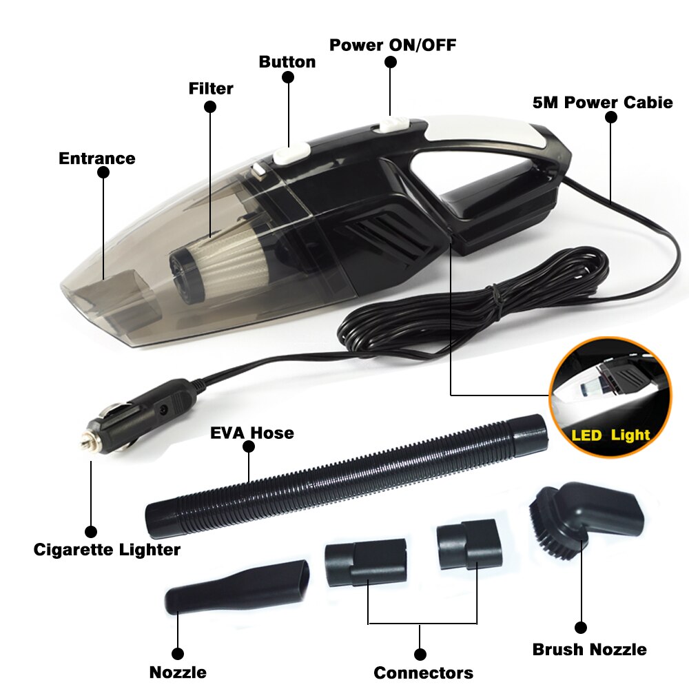 Autostofzuiger 120w 12v handheld mini met led-lampje, nat en droog, dubbele krachtige reiniger voor auto's en voertuigen