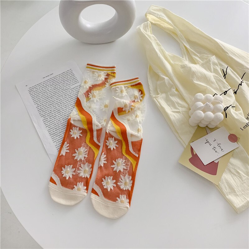 Summer Crystal Silk Socks Women Novelty Harajuku Floral Kawaii Cute Socks Ultra-thin Transparent Fishnet Mesh Lace Socks: 2