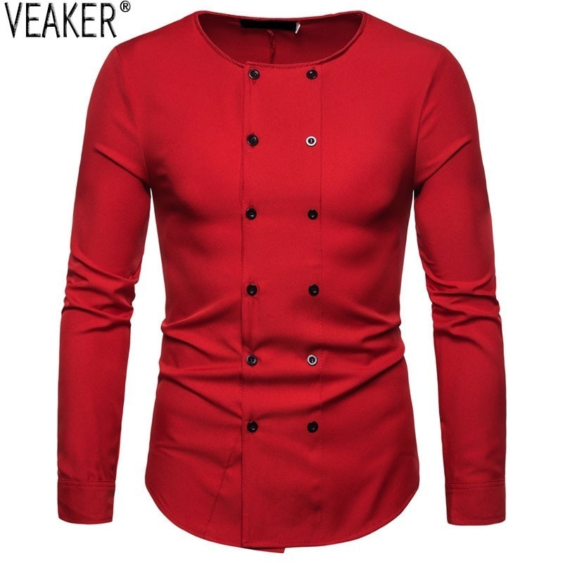 Herre ensfarvet skjorte herre langærmede slim fit casual skjorter herre dobbeltradet business skjorte toppe 2xl