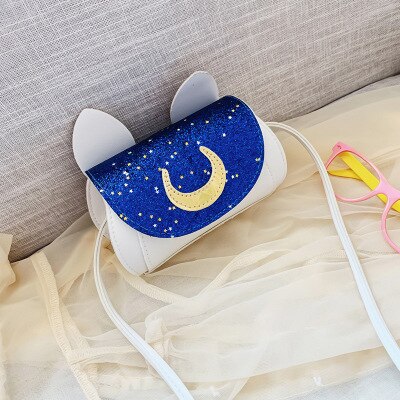 Dejlig lille piges håndtaske månemønster pailletter crossbody taske med søde katte ører børn taske bolsa: Blå