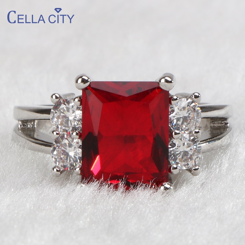 Cellacity Zilver 925 Ring Voor Vrouwen Rechthoek Edelstenen Fijne Sieraden Geometrie Wit Rood Zirkoon Trendy Vrouwelijke Accessoire Voor Party