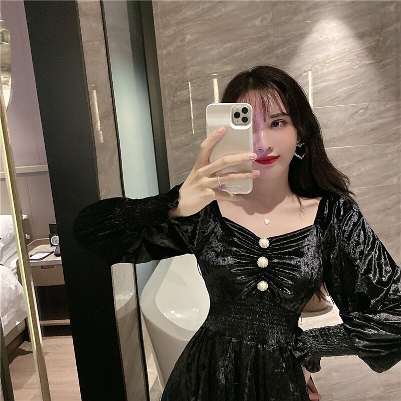 Temperament dam lykta ärm prinsessklänning guld sammet långärmad klänning kvinnor viktoriansk klänning kawaii flicka gotisk