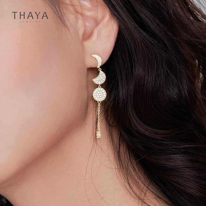 Thaya Echtes s925 Silber Mond & Sterne Ohrringe 14K Gold Überzogene Ohrringe Zirkon Charms Für Frauen Mädchen Feine schmuck