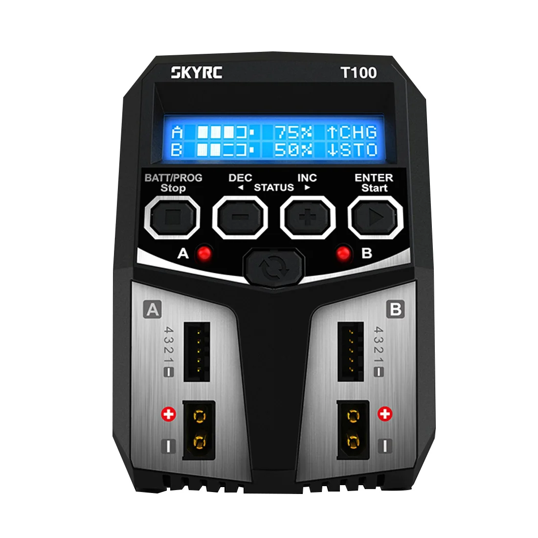 Caricabatterie bilanciato batteria SKYRC T100 AC Lipo Caricatore doppio 5A 2X50W 2-4S per batteria NiMH / NiCd / LiPo / vita / Lilon / LiHV / Pb