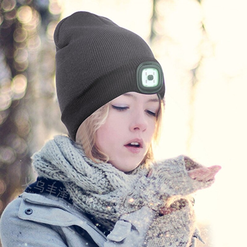 LED Lighted Beanie Rechargeable 4 LED Headlamp Hat,Knitted Winter Hat G99D