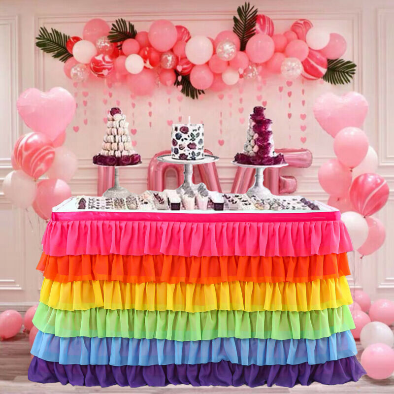 Multifarvet borddug dække rektangel bord nederdel bordservice fødselsdag dekor bord nederdele: 6 lag flerfarvet