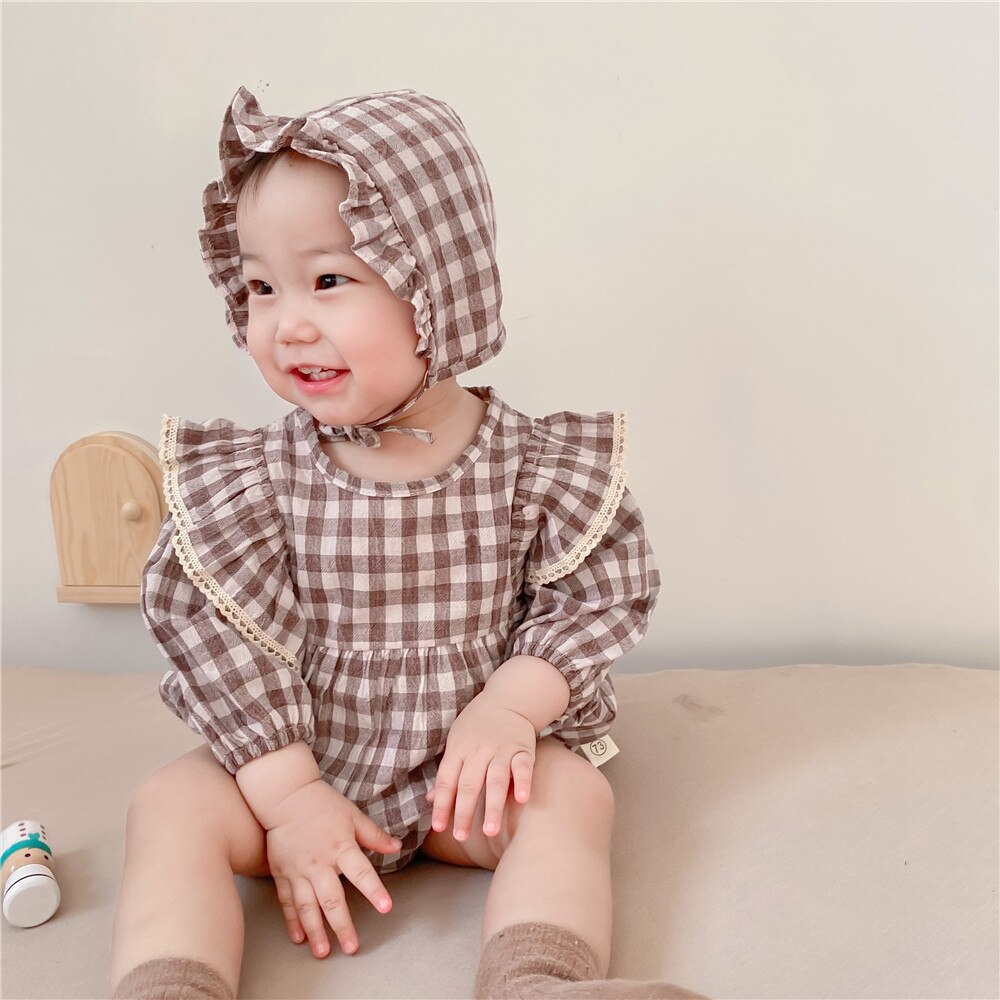 MILANCEL-body a cuadros para bebé, ropa de una pieza para niña pequeña, traje infantil con sombrero, primavera: light brown / 3-6M