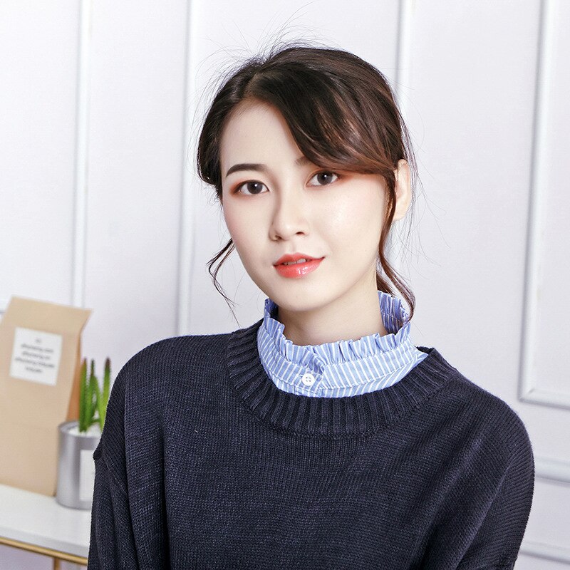 Linbaiway Blauwe Strepen Afneembare Stand Nep Kraag Voor Vrouwen Button Down Valse Kraag Vrouwelijke Verwijderbare Half Shirt Blouse Decor