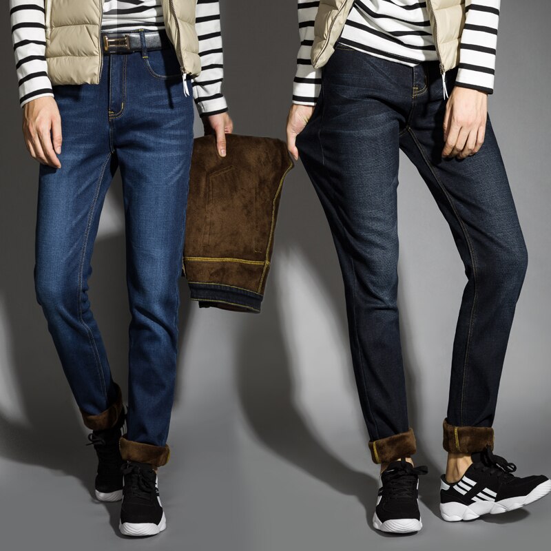 Mænd vinterjeans mænd sort/blå slim fit stretch tykke fløjlsbukser varme jeans afslappede fleecebukser herre plus størrelse 40