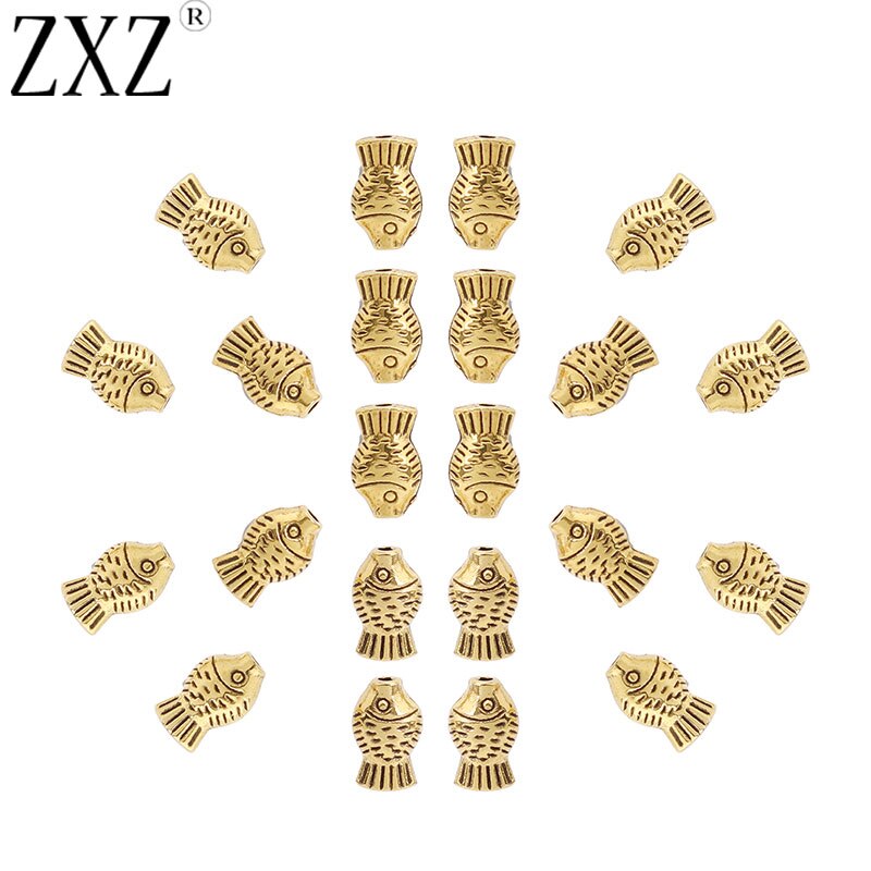 ZXZ 100pcs Gold Tone 3D Fish Spacer Beads Charms for DIY Bracelet Necklace Jewelry Making Findings 9x5mm