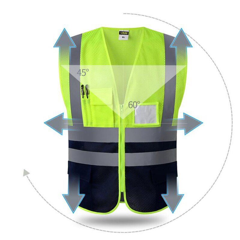 Reflective polyester mesh vests with pockets for construction worker in summer SILK SCREEN COMPANY LOGO PRINTING