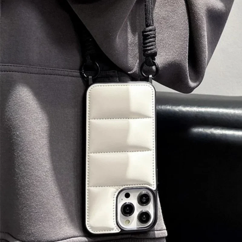 Ædel silikone med snor i dunjakke i ensfarvet blødt cover til iphone 16 15 plus 14 13 12 pro max 11 bærbart cover med kort reb
