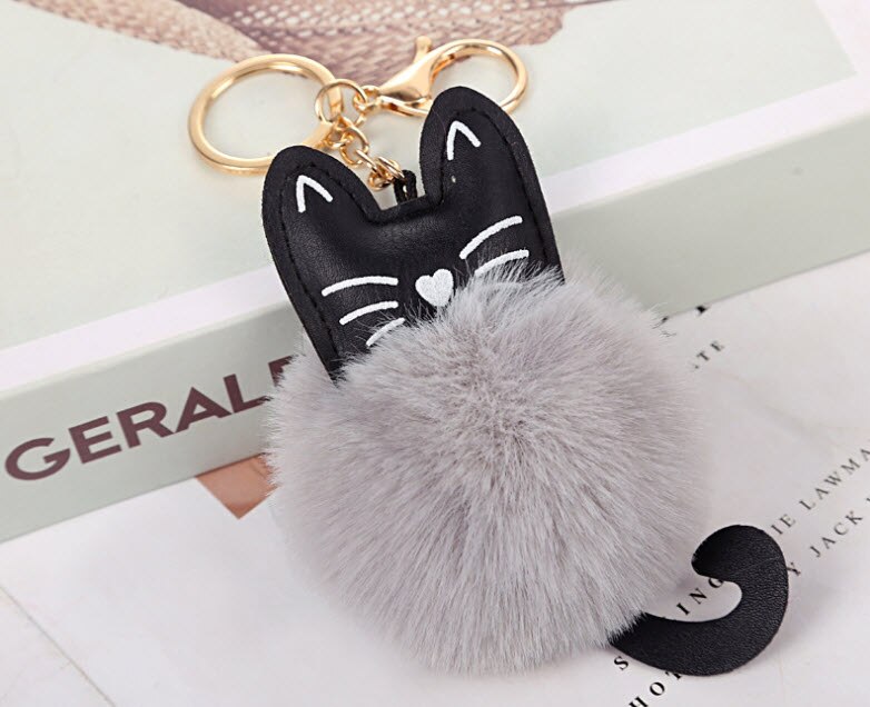 LLavero de gato colgante de 8cm, adorno de bola de gato enchufado para bolsa y mochila: Gris