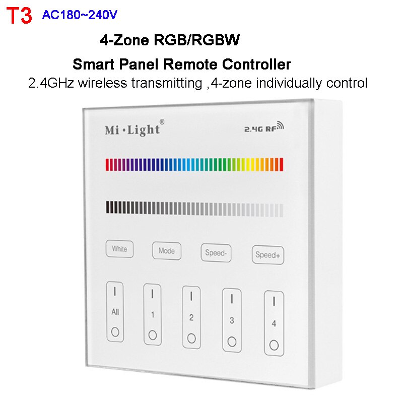 Miboxer-fita de led rgb/rgbw, com regulador de intensidade luminosa em 4 zona, 2.4g, wi-fi, ibox 1: T3  220V