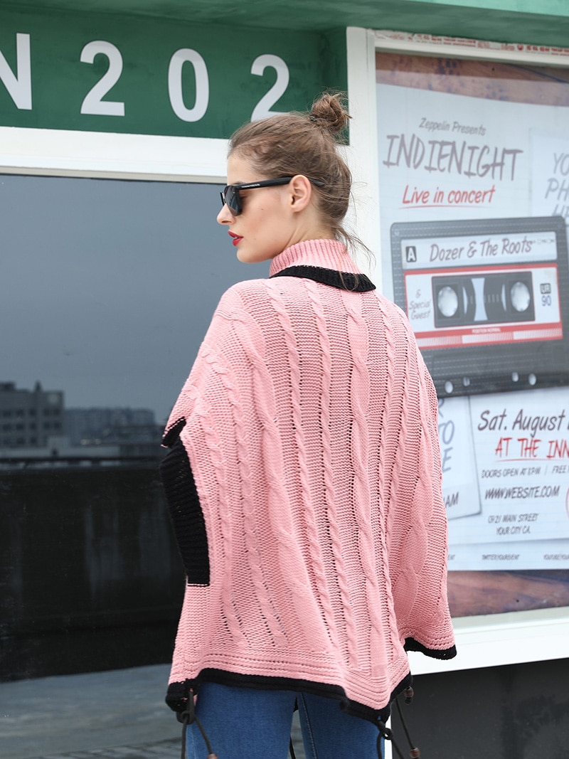 Fitshinling Boho Winter Pink Sweater Poncho Cloak Batwing Sleeve Oversize Women Sweaters Pullover Turtleneck Knitted Jumper