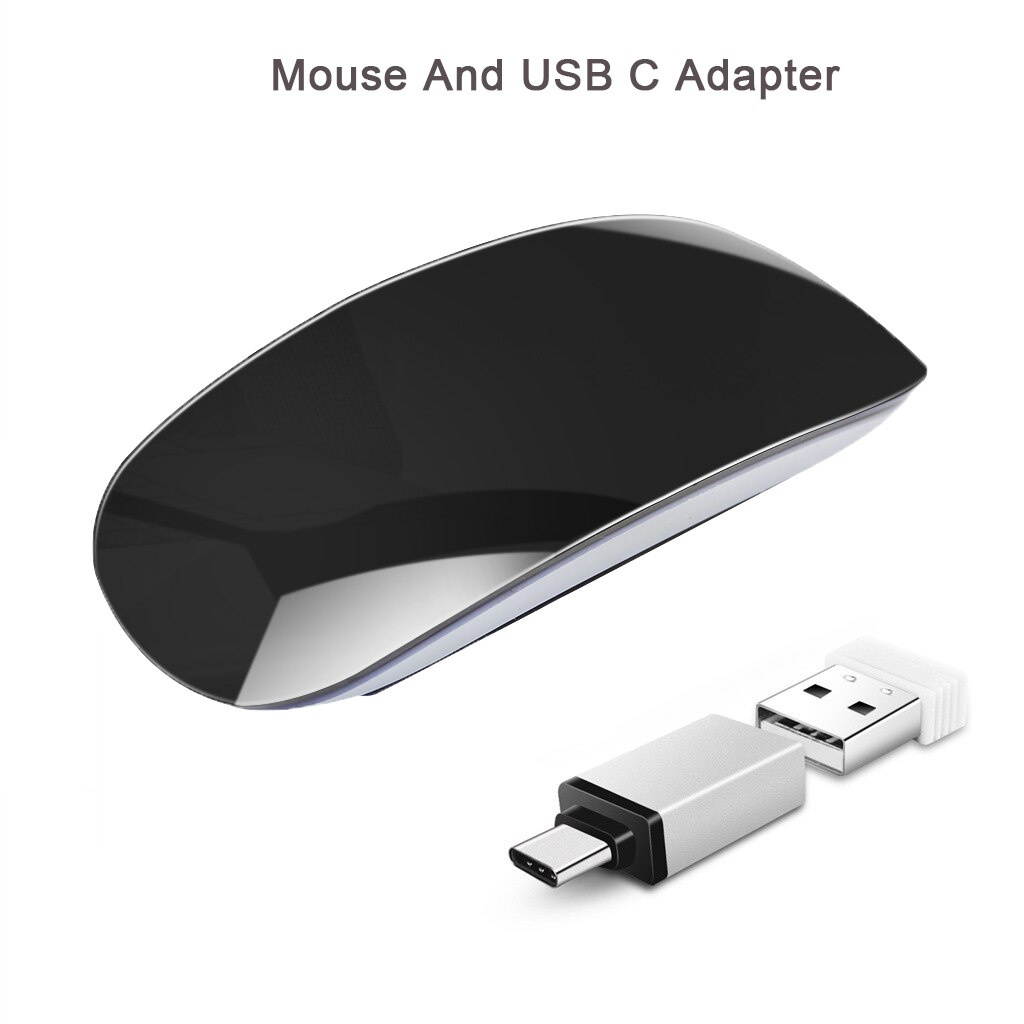 Magic touch trådløs mus ergonomisk ultratynde usb optiske mus 1600 dpi computermus med usb c adapter til apple macbook pc: Sort og usb c