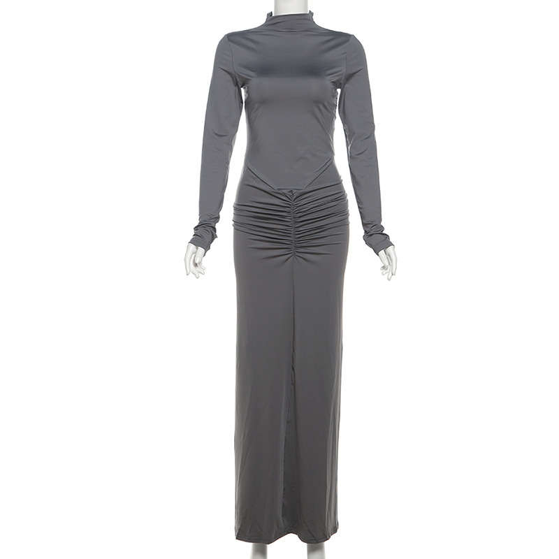 Kryptografisk langærmet sexet bodycon maxikjole outfits klubfest ensfarvet efterårskjoler vestido fødselsdagstøj: M / Grå