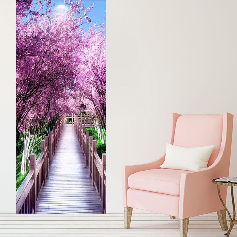 Cherry Blossom Avenue Scenery Door Sticker 3D Living Room Wedding House Wallpaper PVC Waterproof Home Decor Wall Decals Stickers
