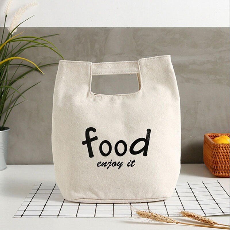 Cotton Canvas Lunch Box Insulation Bag Picnic Bag Simple Letter Type Large Capacity Multi-Purpose Cloth Bag Foods Organizer: C-white