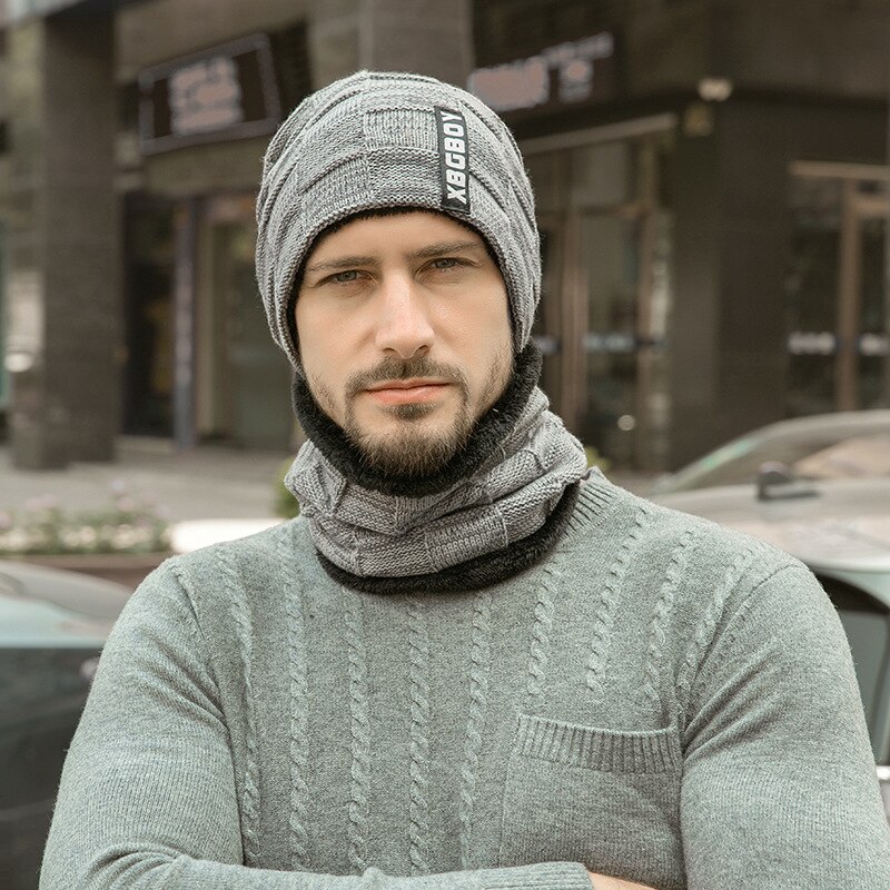 Ensemble de bonnets et écharpes en tricot pour hommes et femmes, couvre-chef avec doublure polaire épaisse pour le cou: gray