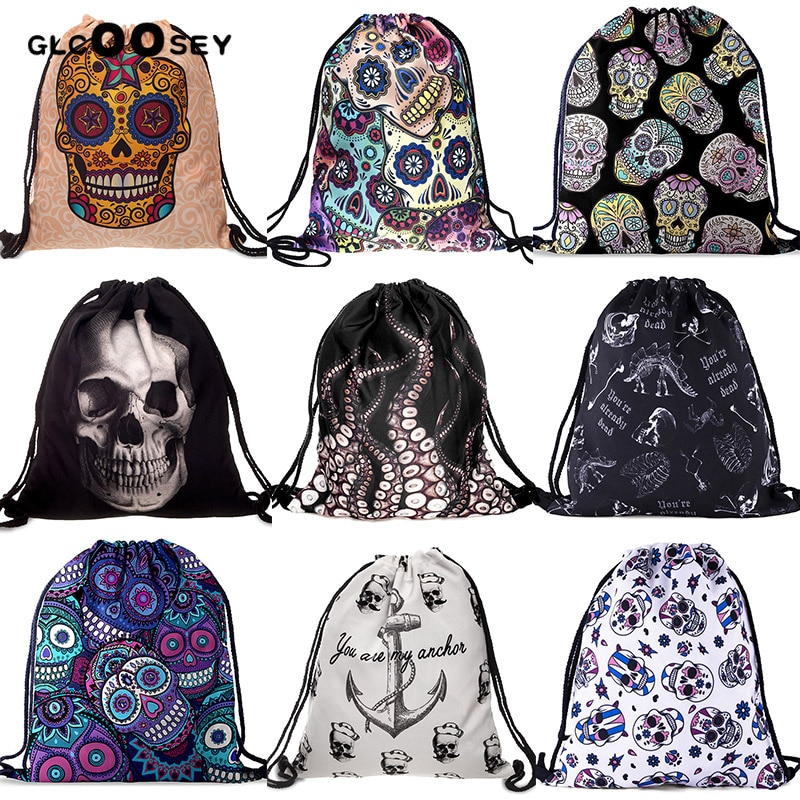 Impression 3D sac à cordon voyage toile dessiner chaîne sac crâne pieuvre motif Harajuku gothique sac à dos cartable