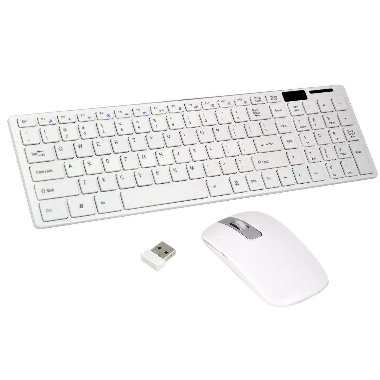 Trådløst slankt hvidt tastatur + trådløst optisk mussæt til pc og laptop