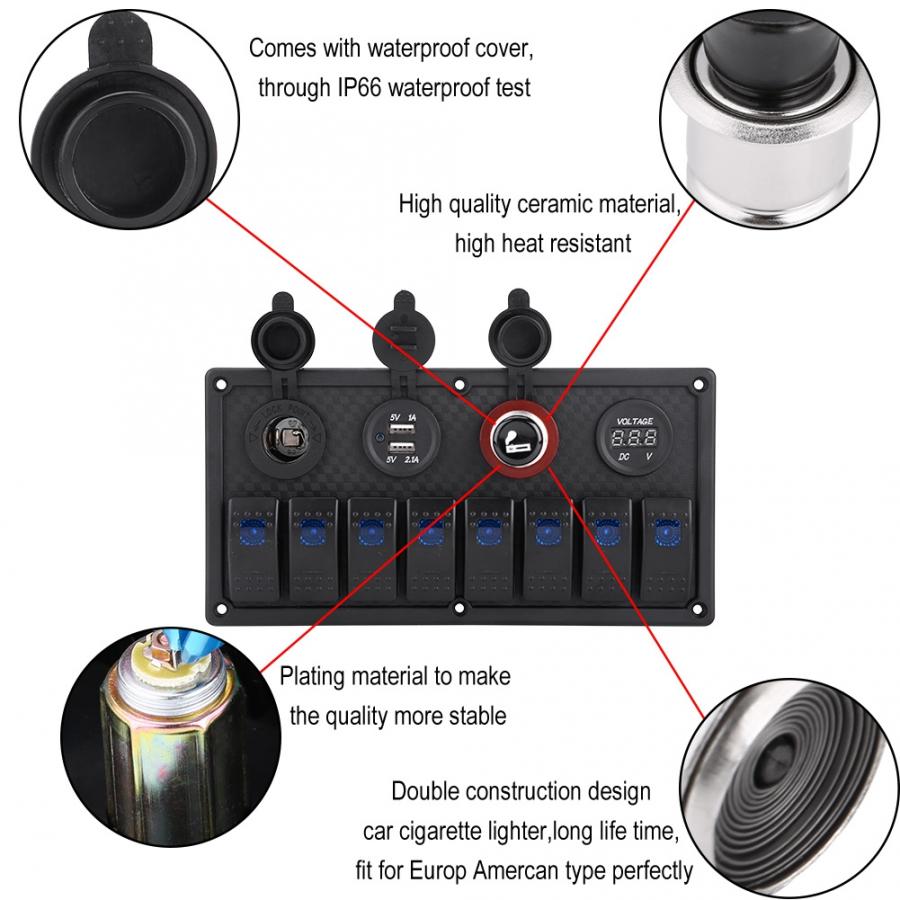 8 Gang Auto Marine Boot Rocker Switch Panel Waterdicht Circuit Digitale Voltmeter Dual Usb-poort 12V 24V Outlet schakelpaneel Circui