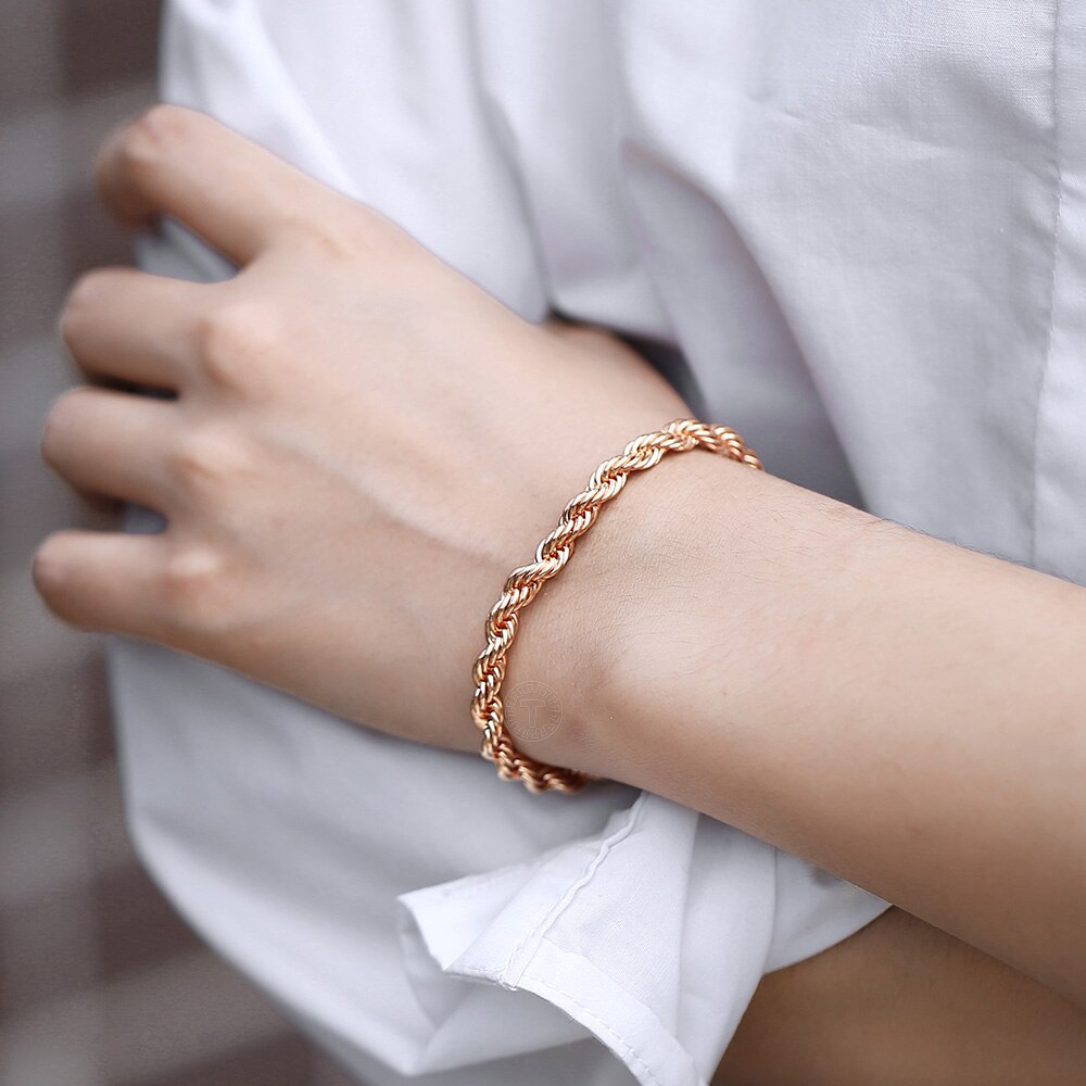 5/6mm 585 Rose Gold Twisted Rope Link Chain Bracelet for Women Men Party Wedding Jewelry Female Accessories 20cm DCB47