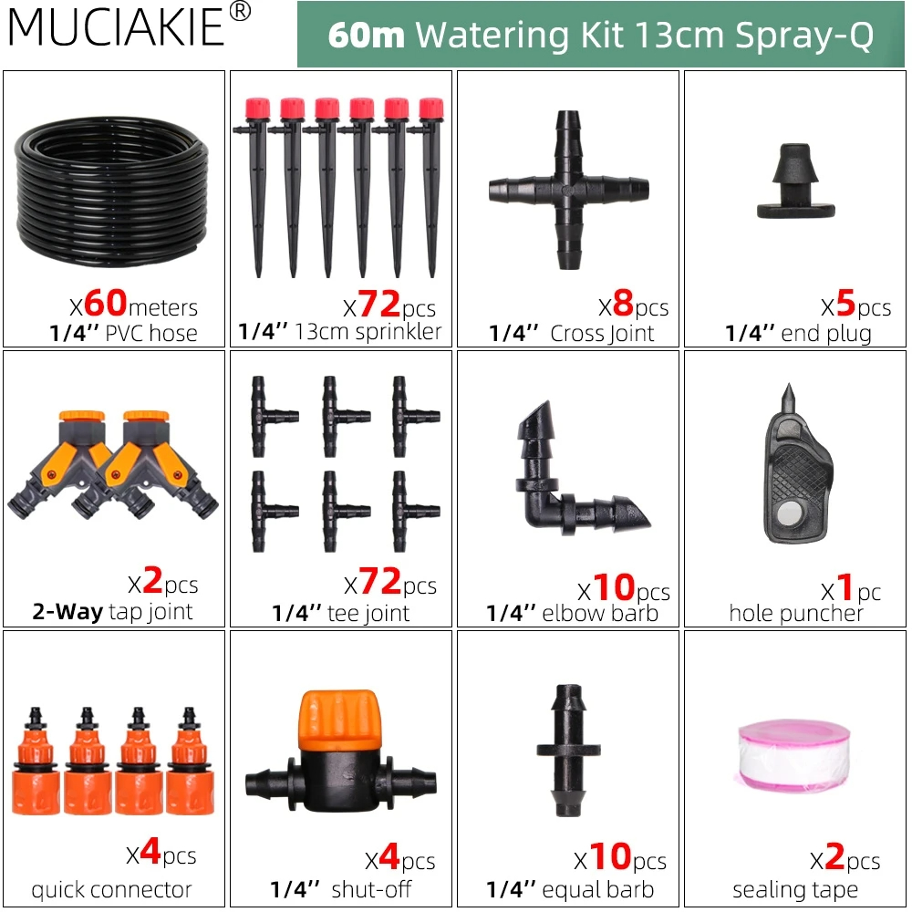 13CM Drip Irrigation System 1/4'' Hose Adjustable Sprinkler Kit 4-Way Micro Watering Flow for Garden Flowers Vegetables: light green