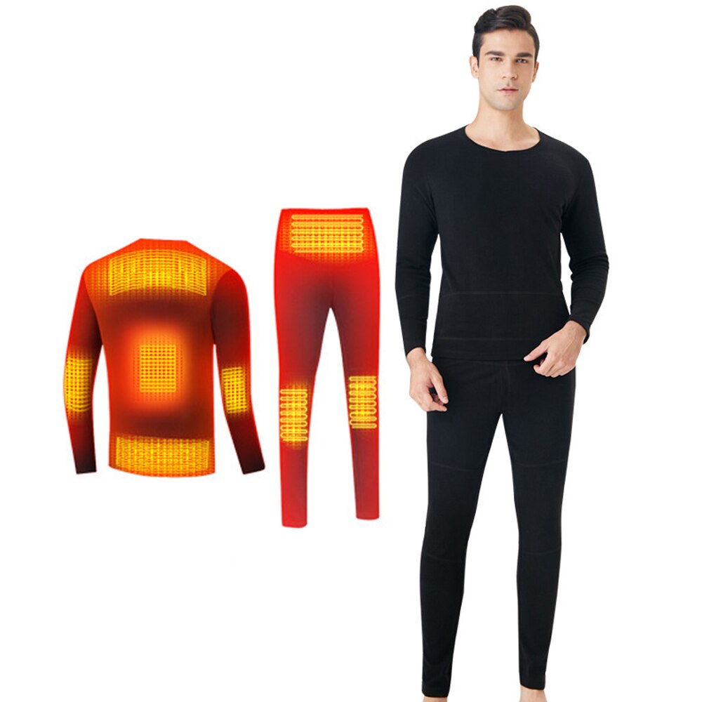 Winter Skiing Heating Underwear Set USB Battery Powered Heated Thermal Tops Pants Smart Phone Control Temperature Warm Suit: XL / Black suit