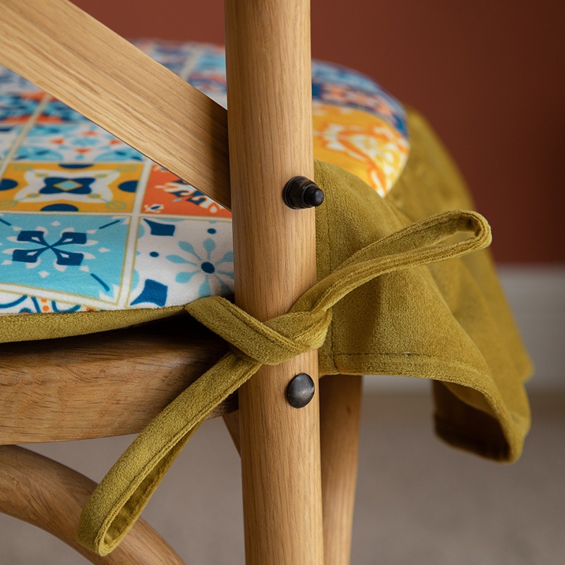 Cojín de asiento impreso para silla de comedor, cojín para silla de comedor para el hogar, correa extraíble y lavable, cojín para silla con borde de volantes retro