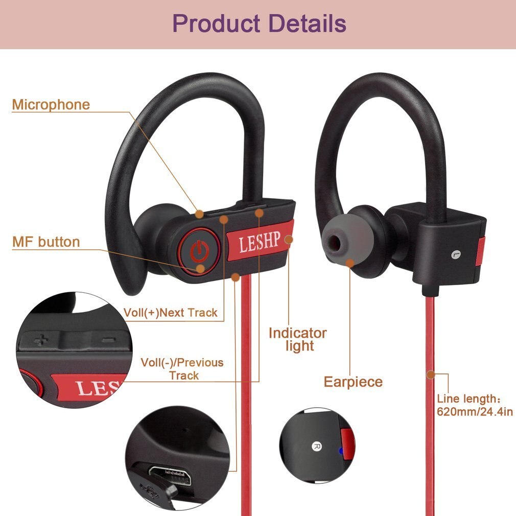 Anti-sweat Bluetooth Earphone Sport Stereo Music Wireless Earbud Hands-free Headset for Running Gym In-ear LESHP Dynamic